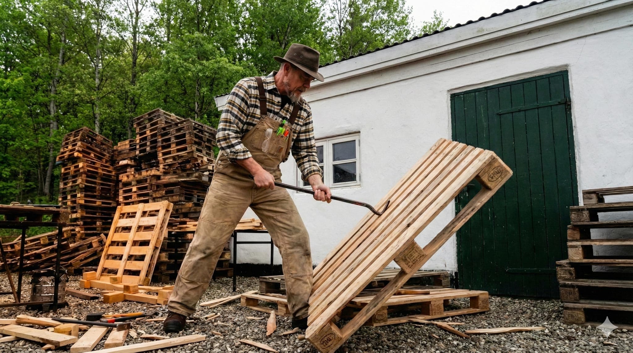 Jesper dismantling a euro pallet with a pry bar outside his workshop